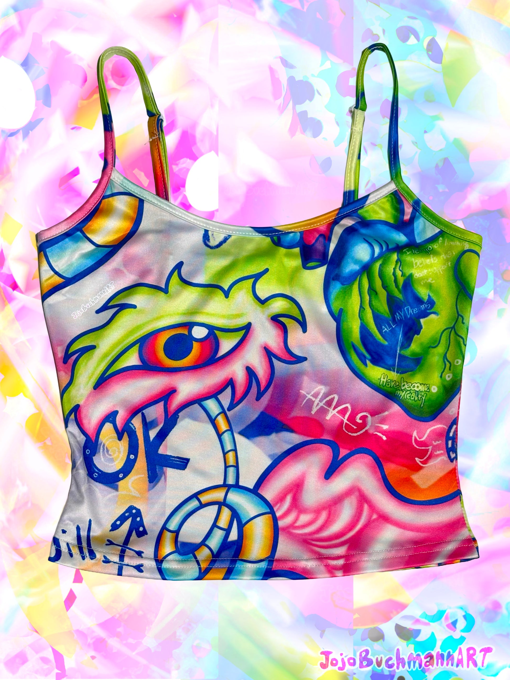 A colorful graphic camisole tank top featuring a vibrant, graffiti-style monster illustration with green, pink, blue, and orange elements, set against a matching abstract pastel background.