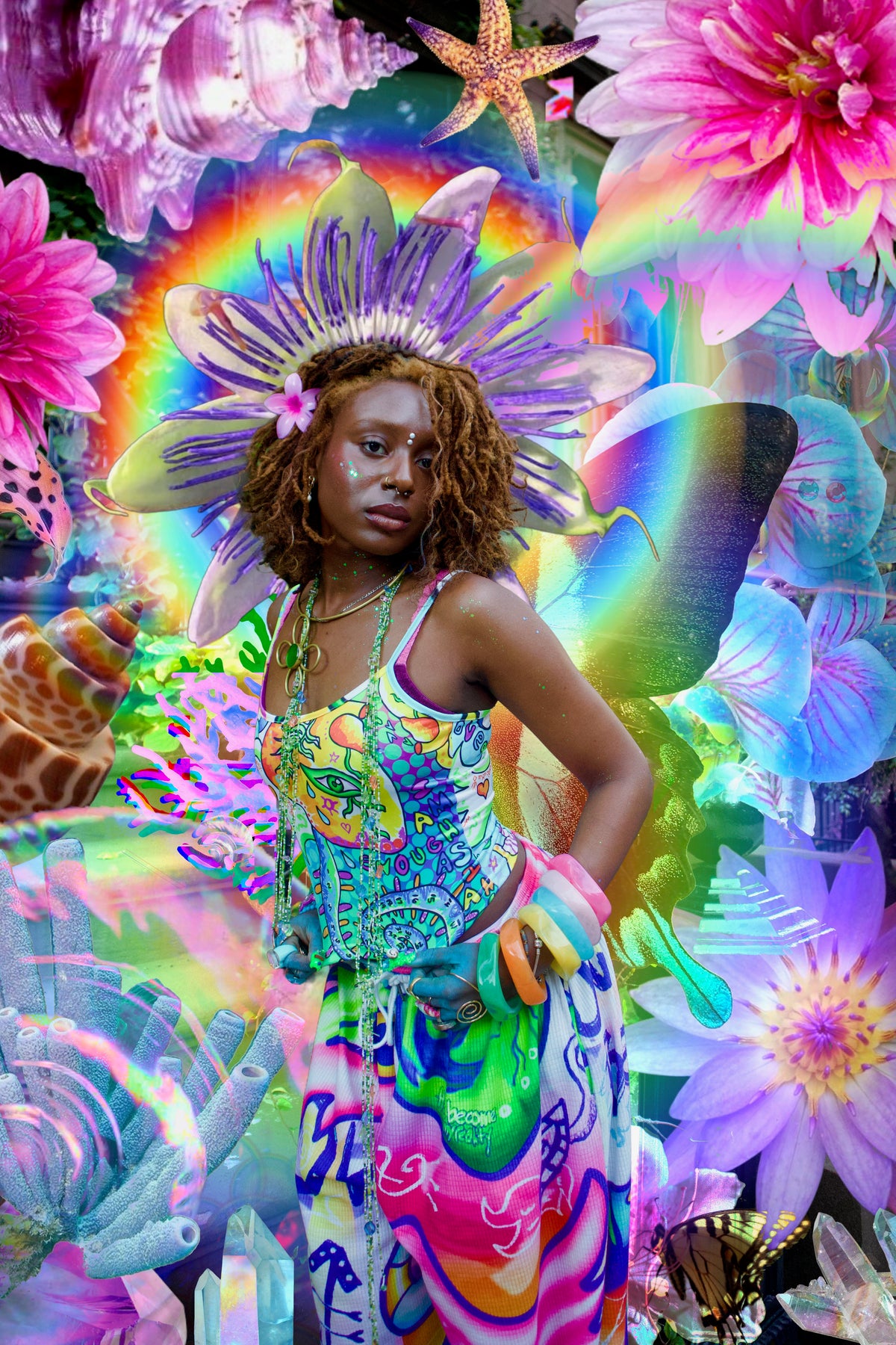A woman stands in a highly stylized, psychedelic collage scene with oversized flowers, rainbows, sea creatures, and butterfly wings. She wears a colorful sleeveless top and matching skirt with bright multicolor abstract patterns, and the background is equally vivid and surreal.